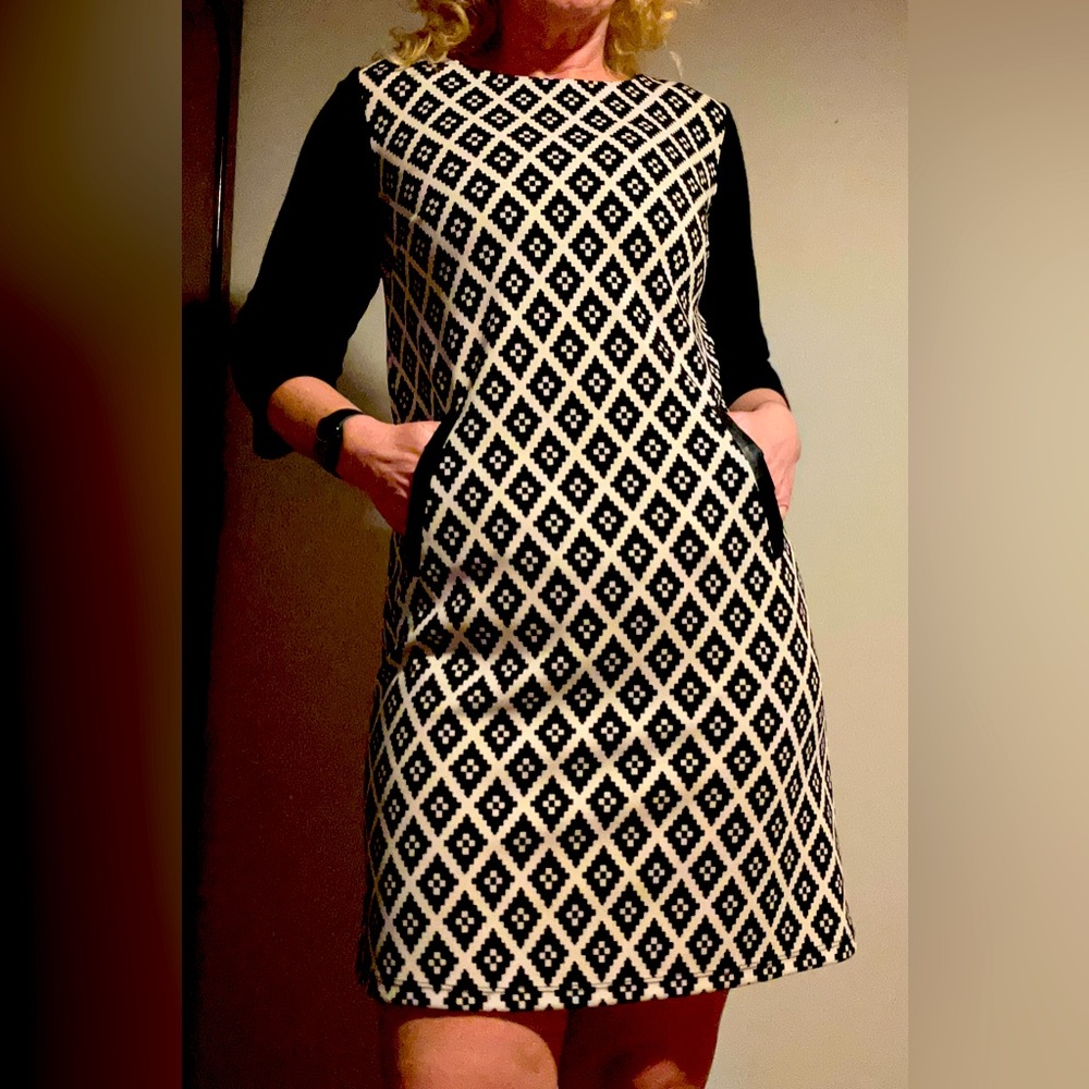 Maeve from Anthropologie 3/4 sleeve black and tan geometric dress, size Small
